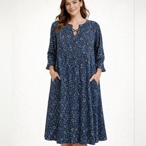 Pure Jill J.Jill Knit Full Dress Blue Black Split Neck 3/4 Sleeves Sz XL Comfort